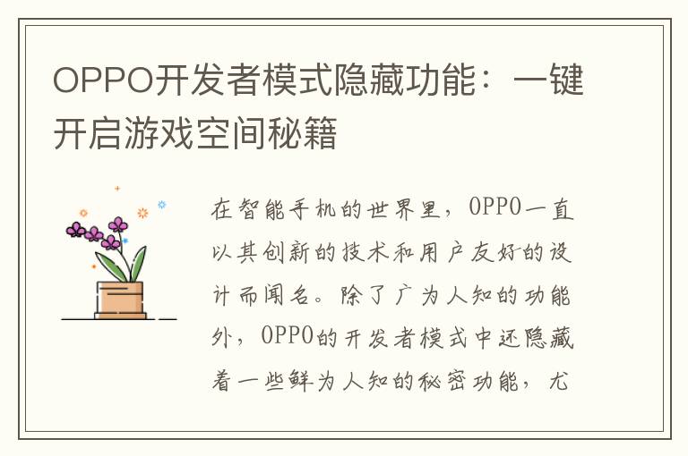 OPPO开发者模式隐藏功能：一键开启游戏空间秘籍