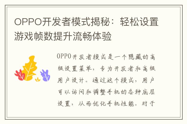 OPPO开发者模式揭秘：轻松设置游戏帧数提升流畅体验