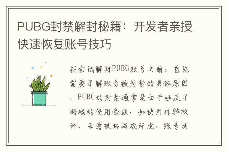 PUBG封禁解封秘籍：开发者亲授快速恢复账号技巧