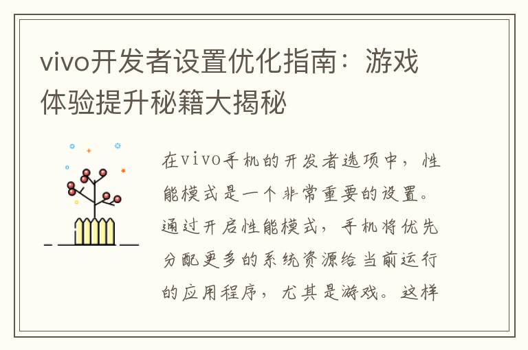 vivo开发者设置优化指南:游戏体验提升秘籍大揭秘