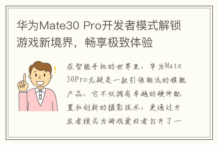 华为Mate30 Pro开发者模式解锁游戏新境界,畅享极致体验