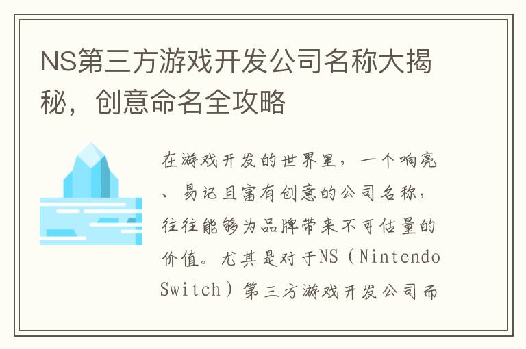 NS第三方游戏开发公司名称大揭秘,创意命名全攻略