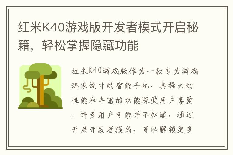 红米K40游戏版开发者模式开启秘籍，轻松掌握隐藏功能